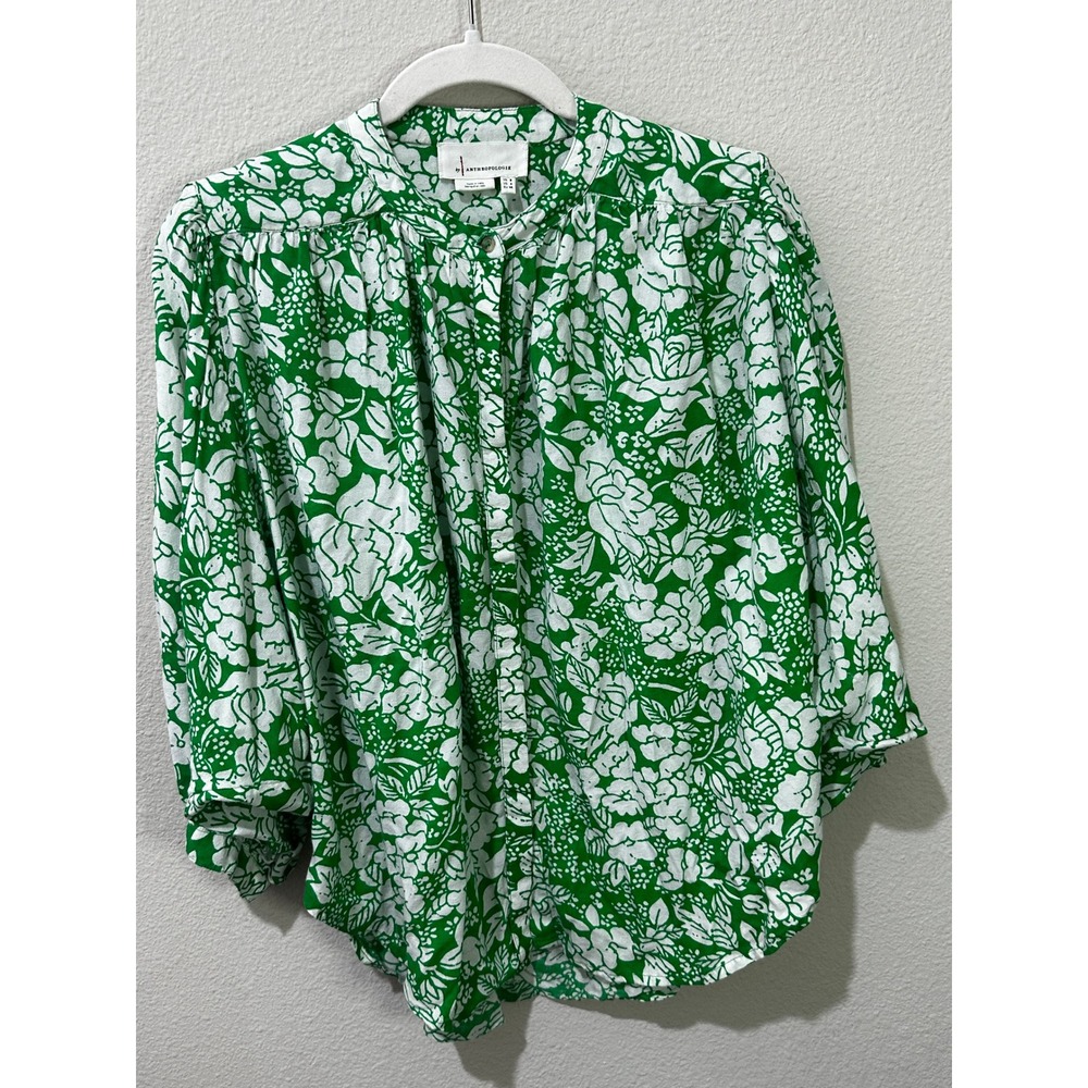 Anthropologie Blouse Womens 4 Green White Floral Rayon Button Down Band Collar